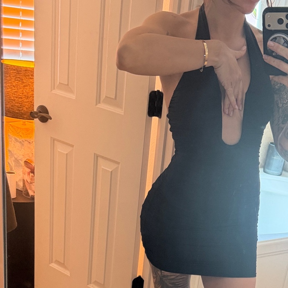 Halter Plunge Mini Dress - Black